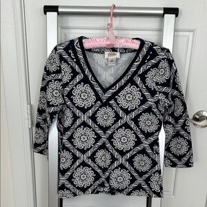 Talbots Navy and White V-Neck Sweater